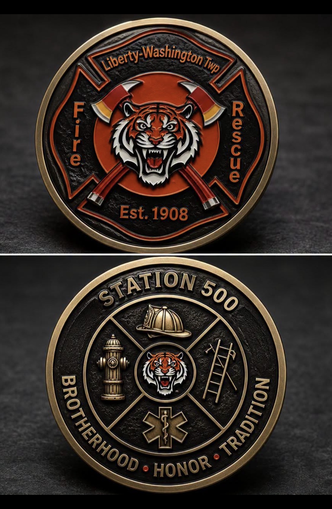 Two sides of completed Liberty-Washington Township Fire and Rescue challenge coin