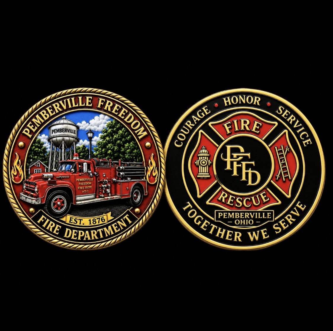 Two sides of completed Pemberville Freedom Fire Department challenge coin
